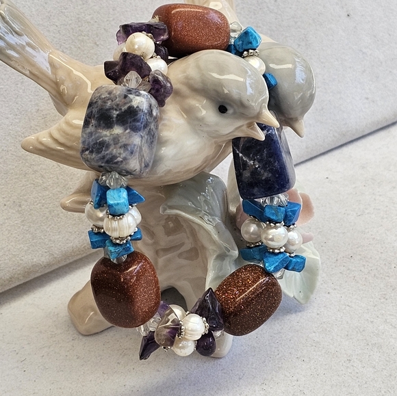 Sodalite,Copper Goldstone, Pearls, Amethyst, Turquoise Stretchy Bracelet - Picture 3 of 14